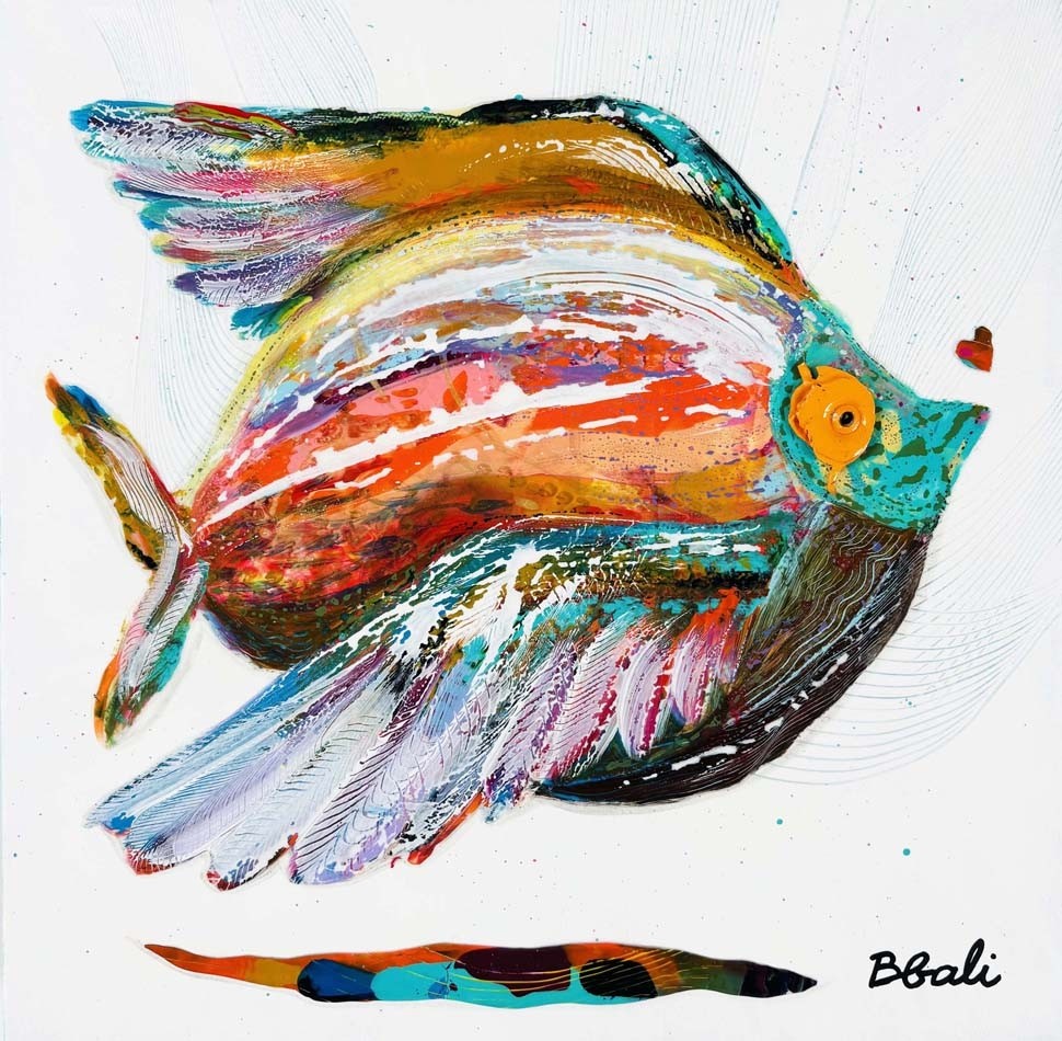 L'amoureuse aquatique, de l'artiste BBrigitte Galipeau - BGALI, Tableau, Acrylique, encre et collage d'acrylique sur toile galerie, Dimension : 12 x 12 pouces de largeur