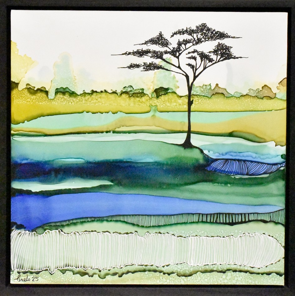 La quête de la sérénité (t.encadré), de l'artiste Nancy Létourneau, Tableau, Médium encre à l'alcool, Marouflé sur bois, dimension 12 x 12 pouces de largeur, vue en galerie