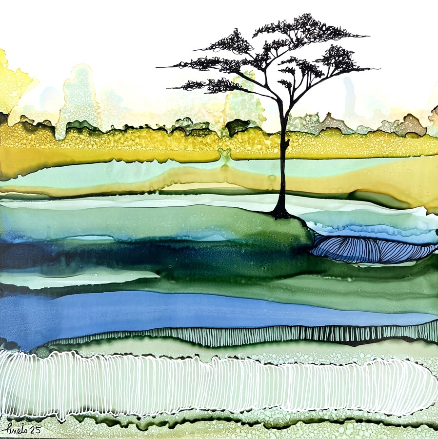 La quête de la sérénité (t.encadré), de l'artiste Nancy Létourneau, Tableau, Médium encre à l'alcool, Marouflé sur bois, dimension 12 x 12 pouces de largeur, 