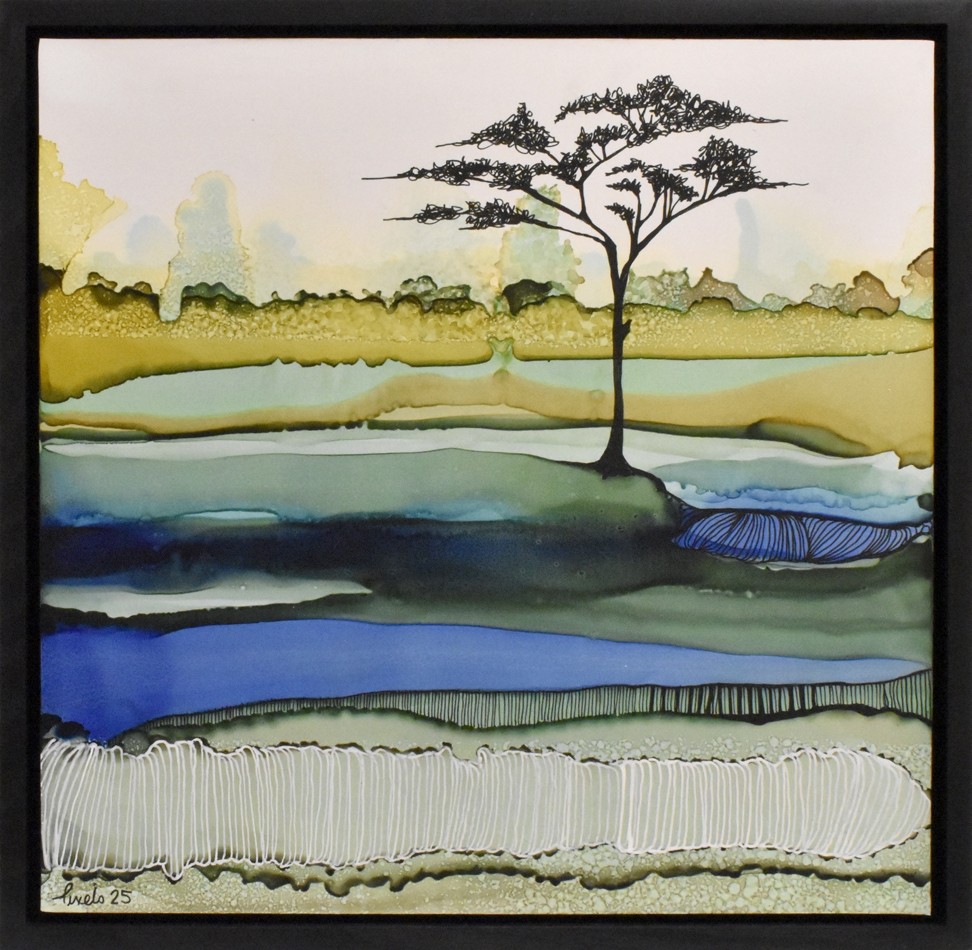 La quête de la sérénité (t.encadré), de l'artiste Nancy Létourneau, Tableau, Médium encre à l'alcool, Marouflé sur bois, dimension 12 x 12 pouces de largeur, vue en galerie