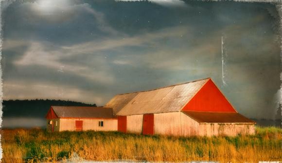 La vieille ferme de Mme Prémont, 1/25, de l'artiste Pascal Normand, Estampe numérique, technique mixte, dimension : 28 x 48 po po de largeur