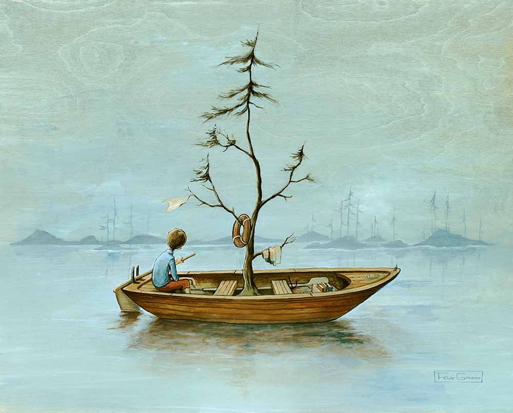 La chaloupe, de l'artiste Félix Girard, sur papier Epson « Enhanced Matte, impression avec de l’encre à pigment – qualité archive (ultra chrome), dimension : 11 x 14 pouces de largeur, affiche prête à être encadrée