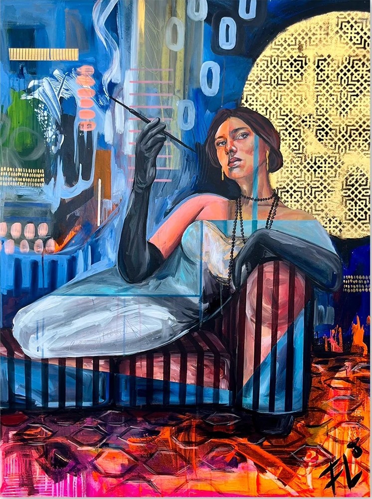 Le calme dans la nuit, de l'artiste Florence Lemay, Tableau, Acrylique et feuille d'or sur toile, Création unique, dimension : 48 x 36 po de largeur