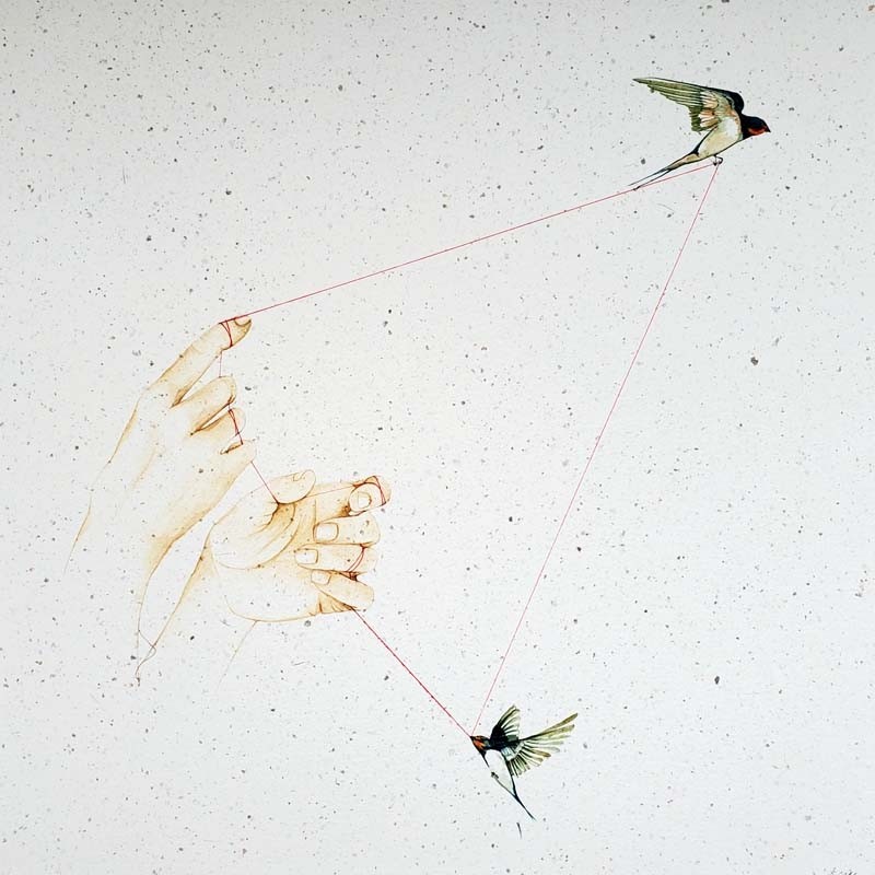 Le temps défile, de l'artiste Roxane Lessard (Os cane), Tableau, Acrylique sur papier de coton, Création unique, dimension : 20 x 20 po de largeur