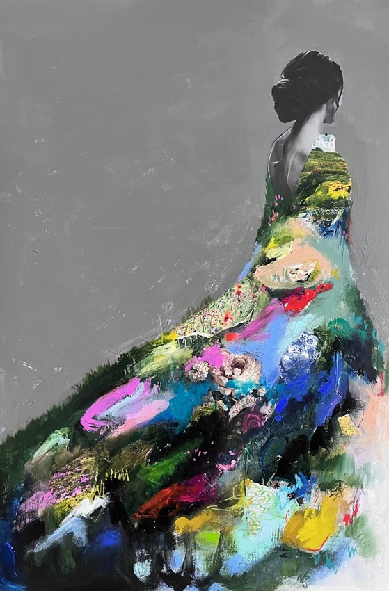 Le déploiement de ma floraison, de l'artiste Stéphanie Viens, Technique : Acrylique et collage sur toile, Création unique, Format de l'oeuvre : 36 x 24 pouces de largeur
