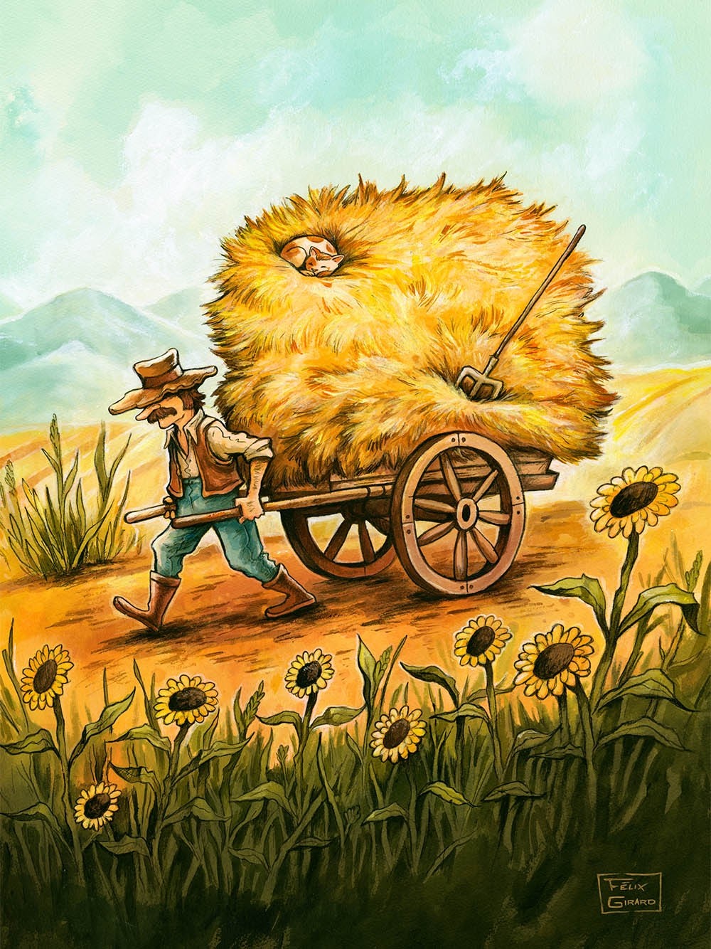 Carte de souhaits 7x5, Le fermier, de l'artiste Félix Girard, dimension : 7 x 5 pouces largeur, sans texte, avec enveloppe, Vous pouvez inscrire votre message à l'intérieur, Carte vendue à l'unité