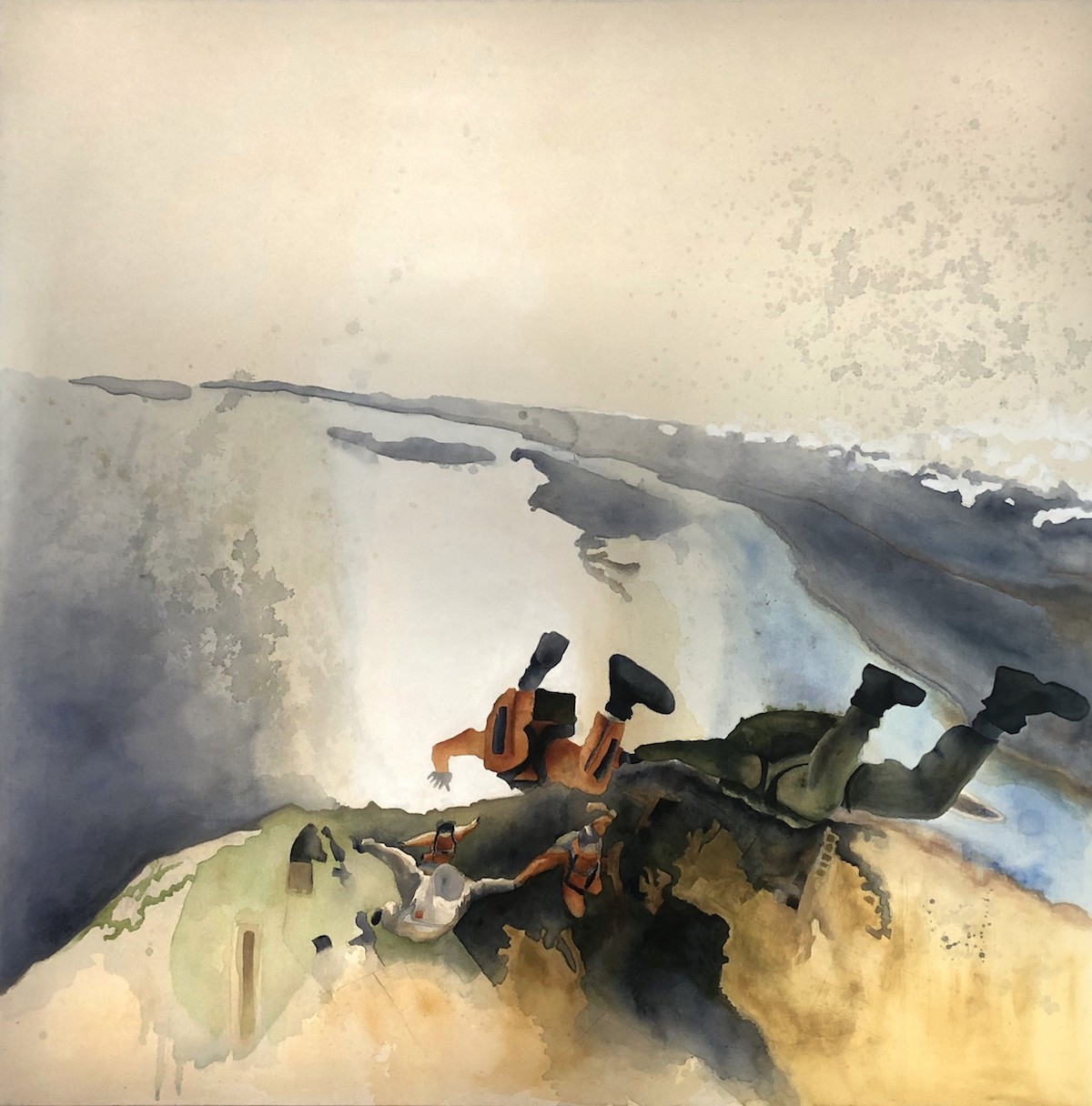 Le grand saut ensemble... ou lâcher prise !?, de l'artiste Annie Lévesque, Tableau, acrylique, encre et graphite sur toile brute, Création unique, dimension : 60 x 60 po de largeur