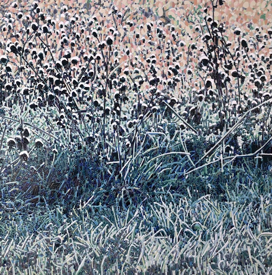 Le jardin de givre III, de l'artiste Elyse Turbide, Acrylique sur toile, Dimension : 36 x 36 pouces de largeur