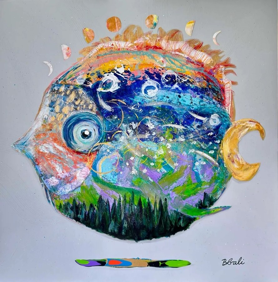 Le poisson lunaire, de l'artiste Brigitte Galipeau - BGALI, Tableau, Techniques mixtes sur toile, Dimension : 30 x 30 pouces
