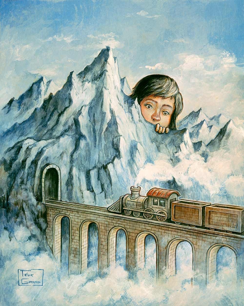 Le train, affiche, de l'artiste Félix Girard, sur papier Epson « Enhanced Matte, impression avec de l’encre à pigment – qualité archive (ultra chrome), dimension : 18 x 14 pouces de largeur, affiche prête à être encadrée