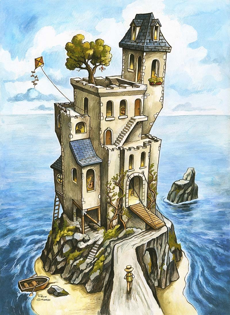Le château sur l'Ile, de l'artiste Félix Girard, sur papier Epson « Enhanced Matte, impression avec de l’encre à pigment – qualité archive (ultra chrome), dimension : 18 x 14 pouces de largeur, affiche prête à être encadrée