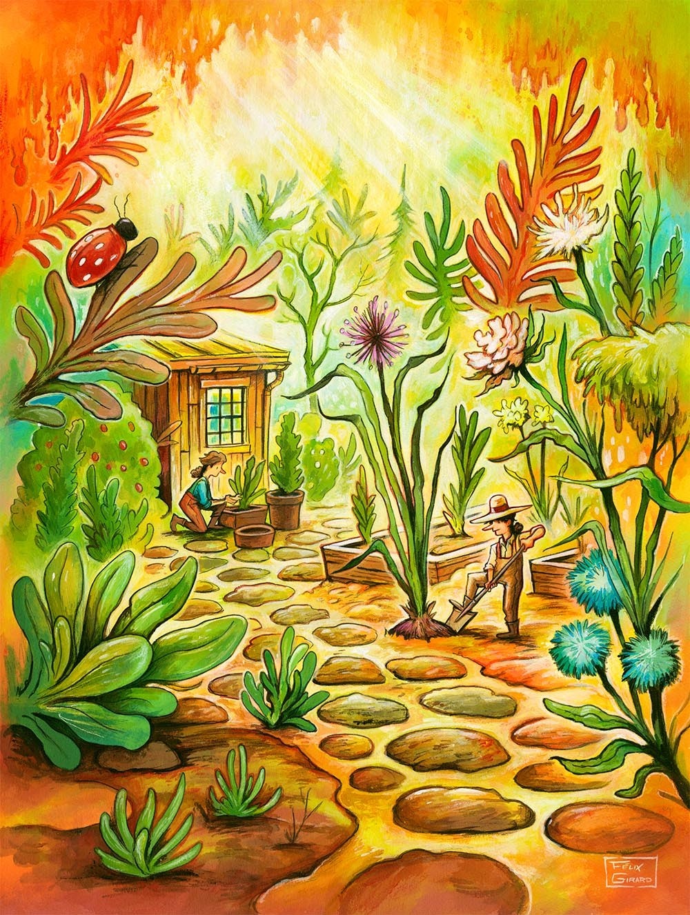 Carte de souhaits 7x5, Le jardin, de l'artiste Félix Girard, dimension : 7 x 5 pouces largeur, sans texte, avec enveloppe, Vous pouvez inscrire votre message à l'intérieur, Carte vendue à l'unité