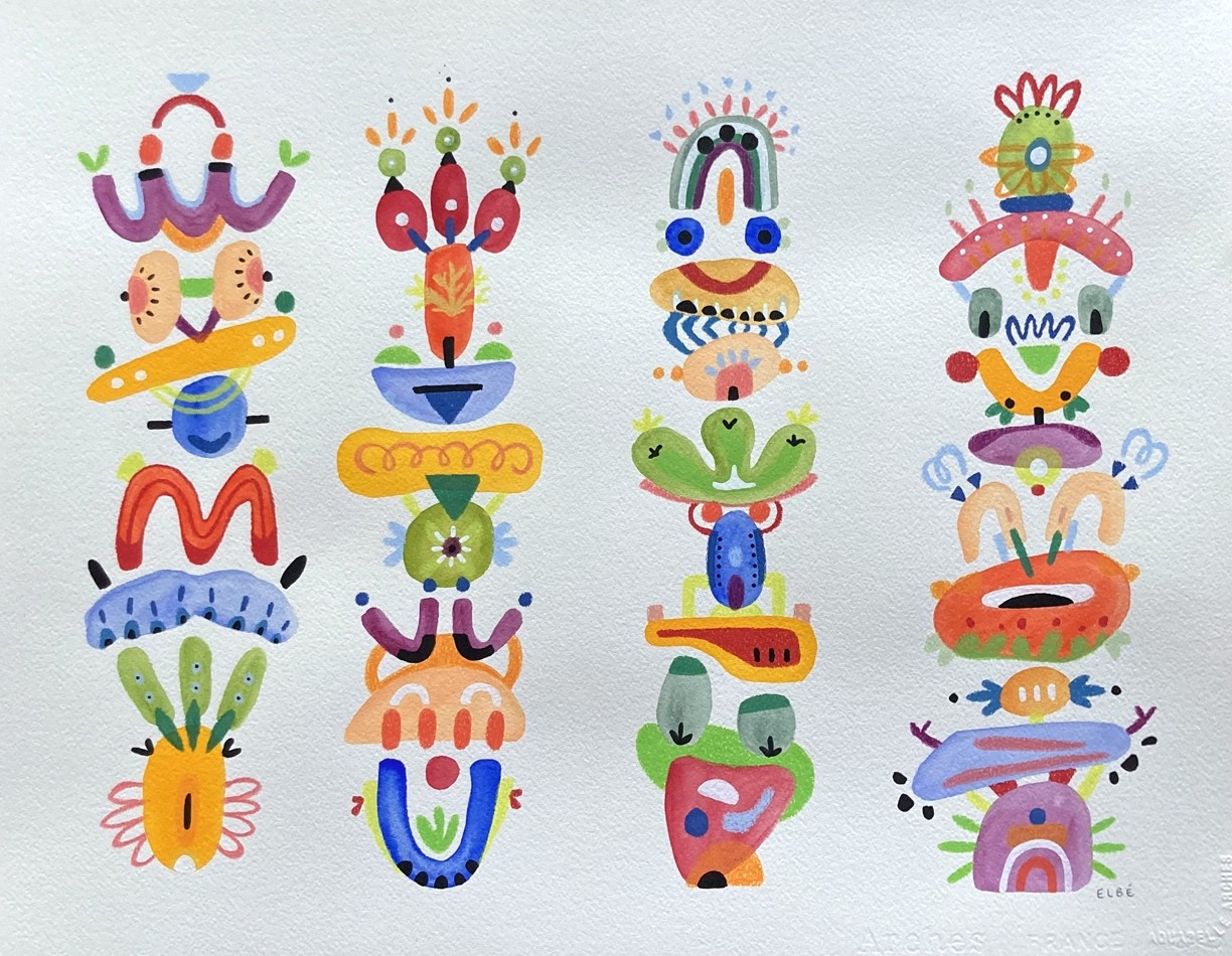 Les martiens, de l'artiste Laurence Bélanger (ELBÉ), Oeuvre papier, Médiums mixtes, sur papier archive, Création unique, dimension : 16 x 20 po de largeur