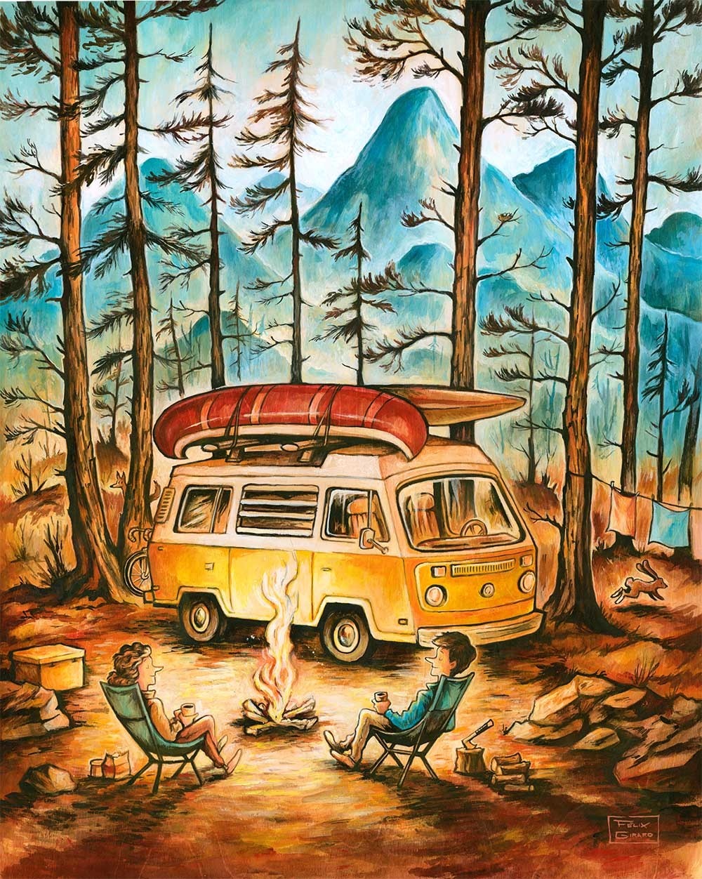 Carte de souhaits 7x5, Les campeurs, de l'artiste Félix Girard, dimension : 7 x 5 pouces largeur, sans texte, avec enveloppe, Vous pouvez inscrire votre message à l'intérieur, Carte vendue à l'unité