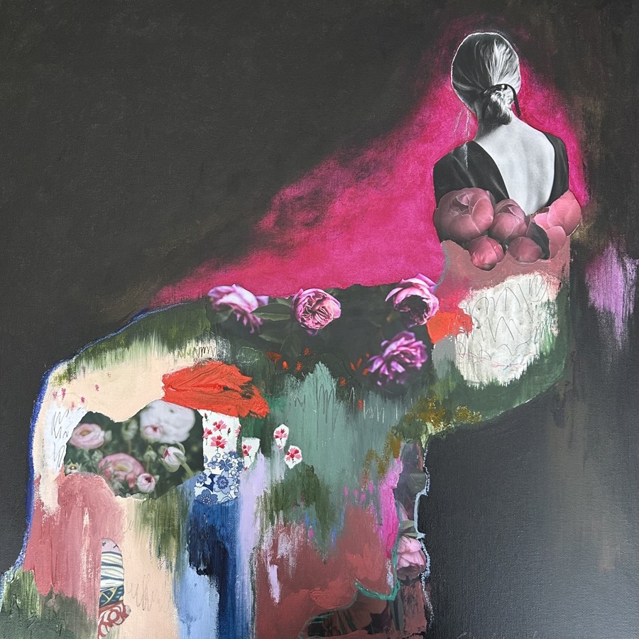Lettre d'amour à moi-même, de l'artiste Stéphanie Viens, Technique : Acrylique et collage sur toile, Création unique, Format de l'oeuvre : 20 x 20 pouces de largeur