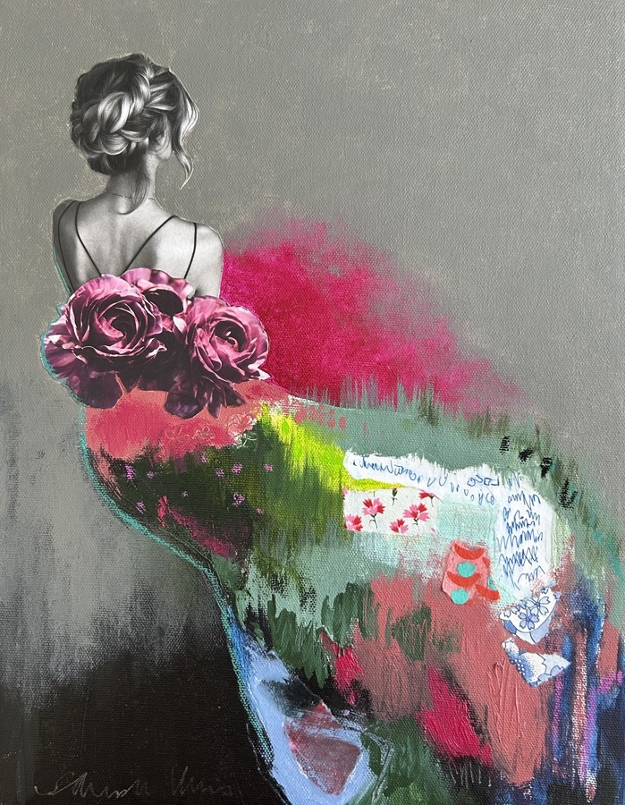 Lettre d'amour à moi-même, no 2, de l'artiste Stéphanie Viens, Technique : Acrylique et collage sur toile, Création unique, Format de l'oeuvre : 14 x 11 pouces de largeur