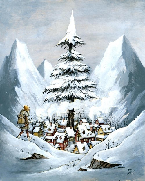 Le village, de l'artiste Félix Girard, sur papier Epson « Enhanced Matte, impression avec de l’encre à pigment – qualité archive (ultra chrome), dimension : 10 x 8 pouces de largeur, affiche prête à être encadrée