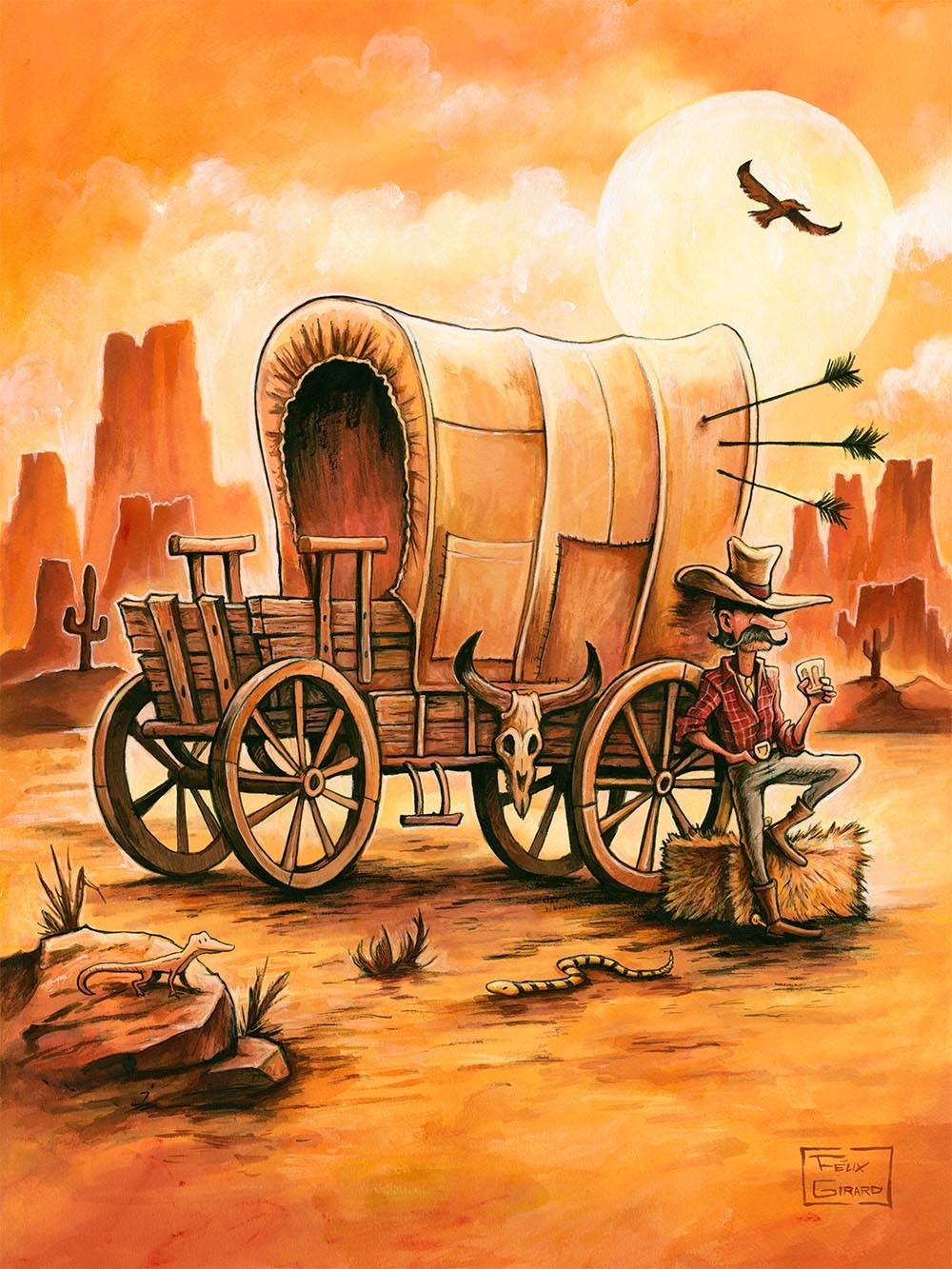 Carte de souhaits 7x5, Le wagon, de l'artiste Félix Girard, dimension : 7 x 5 pouces largeur, sans texte, avec enveloppe, Vous pouvez inscrire votre message à l'intérieur, Carte vendue à l'unité