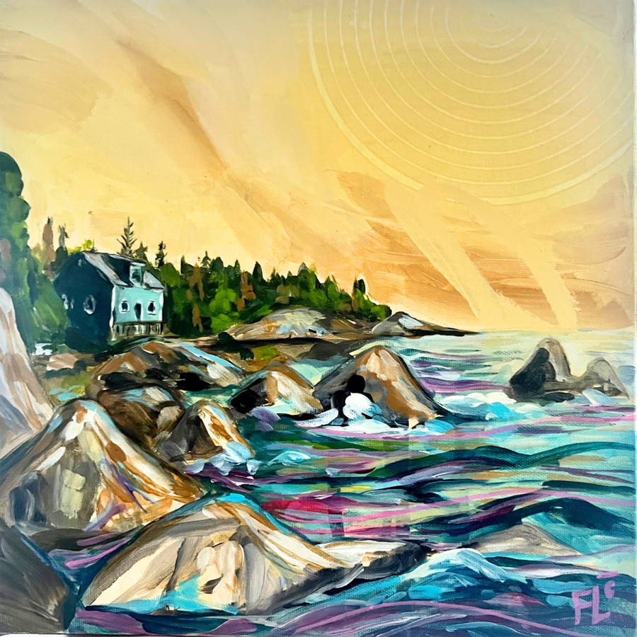 Gaspésie, de l'artiste Florence Lemay, Tableau, Acrylique sur toile, Création unique, dimension : 12 x 12 po de largeur