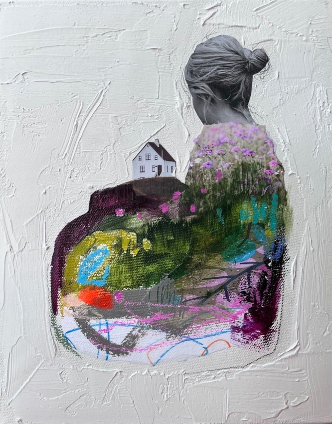 Ma maison est à l'intérieur de moi,  no 43, de l'artiste Stéphanie Viens, Technique : Acrylique et collage sur toile, Création unique, Format de l'oeuvre : 10 x 8 pouces de largeur