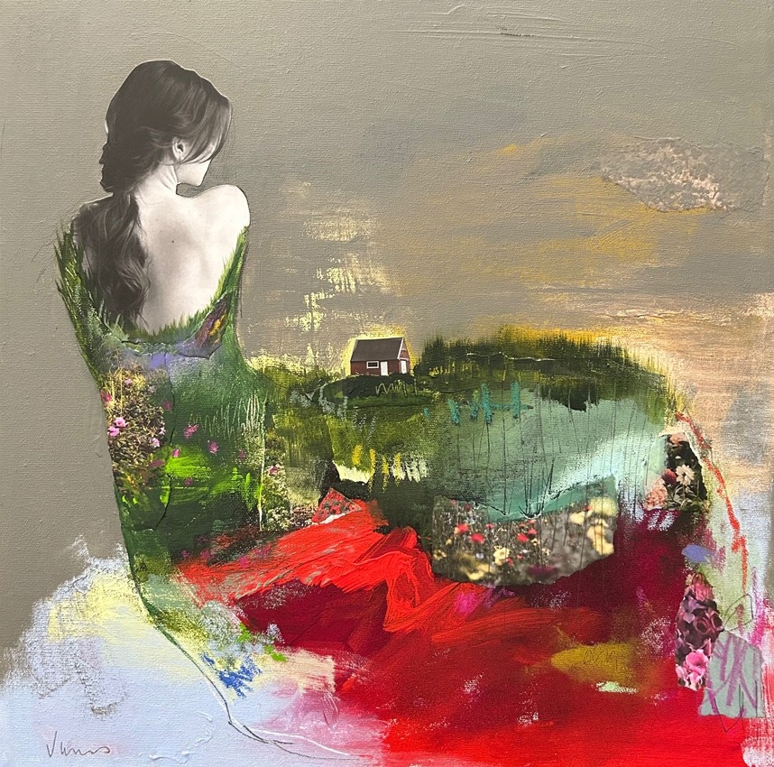 Ma maison est à l'intérieur de moi,  no 48, de l'artiste Stéphanie Viens, Technique : Acrylique et collage sur toile, Création unique, Format de l'oeuvre : 16 x 16 pouces de largeur
