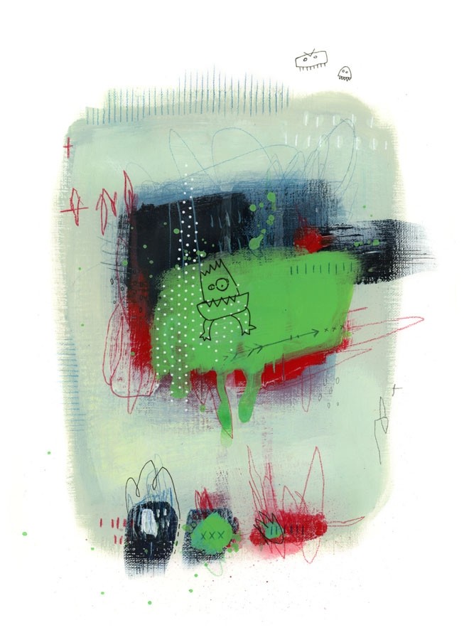 P'tits zigotos 7 (t.encadré), de l'artiste Marie-Eve Lachance, Tableau, Techniques mixtes sur papier, Création unique, dimension 12 x 9 pouces de largeur