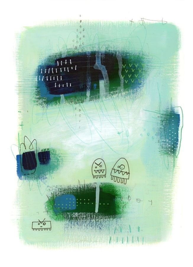 P'tits zigotos 8 (t.encadré), de l'artiste Marie-Eve Lachance, Tableau, Techniques mixtes sur papier, Création unique, dimension 12 x 9 pouces de largeur