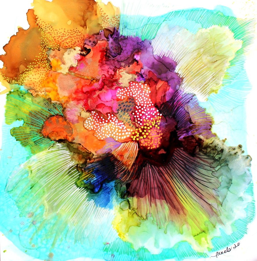 Messagère des dieux, de l'artiste Nancy Létourneau, Oeuvre sur papier, Création unique, dimension : 12 x 12 pouces de largeur, Oeuvre prête à être encadrée