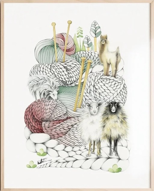 Affiche, -- Montagne de laine --, de l'artiste Katrinn Pelletier, Illustration, aquarelle, crayons de couleur, ..., dimension : 16 x 12 de largeur