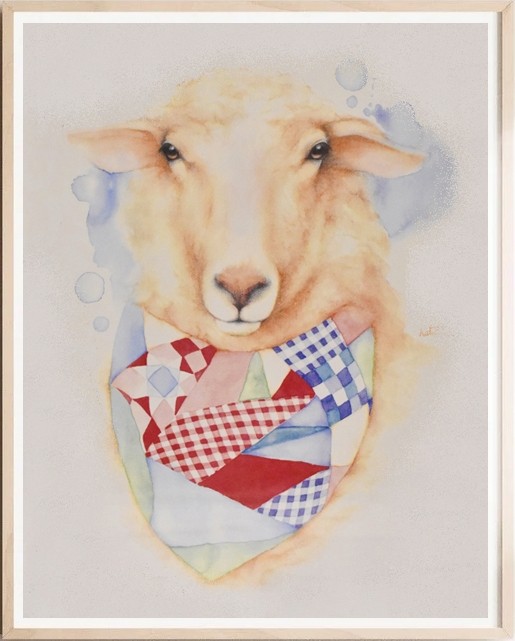Affiche, -- Mouton au foulard --, de l'artiste Katrinn Pelletier, Illustration, aquarelle, crayons de couleur, ..., dimension : 16 x 12 de largeur