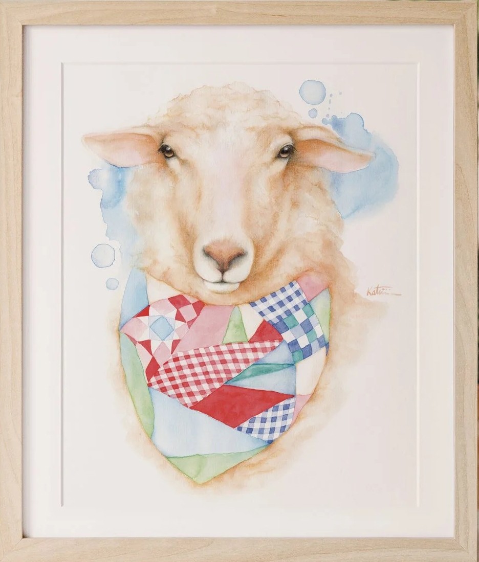 Affiche, -- Mouton au foulard --, de l'artiste Katrinn Pelletier, Illustration, aquarelle, crayons de couleur, ..., dimension : 16 x 12 de largeur