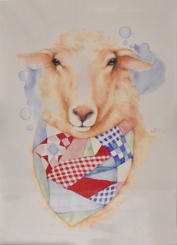 Affiche, -- Mouton au foulard --, de l'artiste Katrinn Pelletier, Illustration, aquarelle, crayons de couleur, ..., dimension : 16 x 12 de largeur
