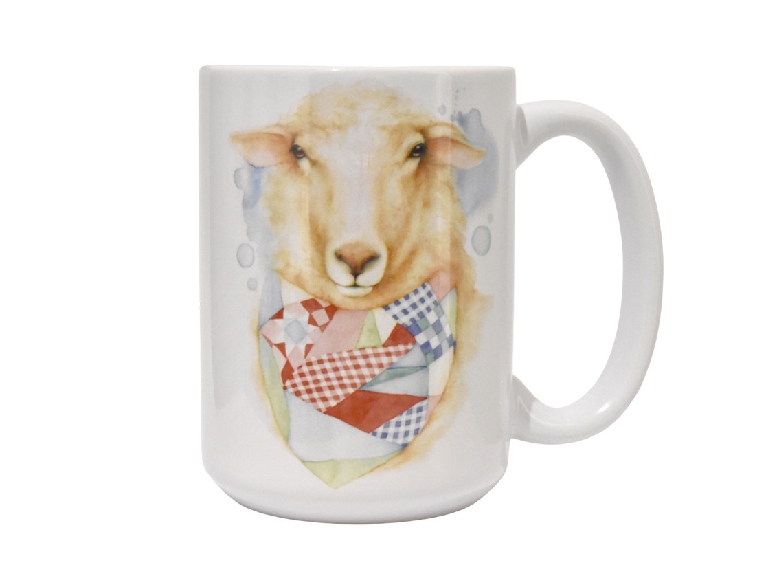 Tasse à café, -- Mouton au foulard --, de l'artiste Katrinn Pelletier, Illustration, impression sublimation, Faite au Québec, matériaux : céramique, Capacité : 15 onces