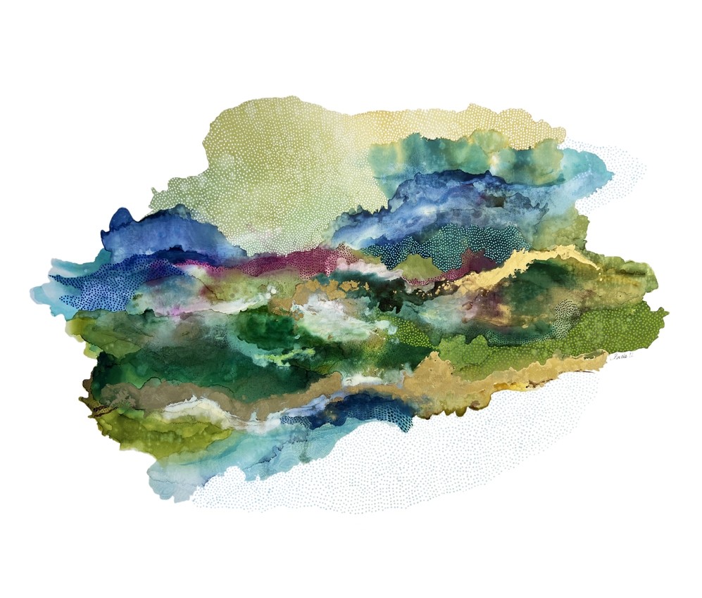 My Island Home, de l'artiste Nancy Létourneau, Tableau, Médium encre à l'alcool, sur toile galerie, dimension 40 x 48 pouces de largeur,