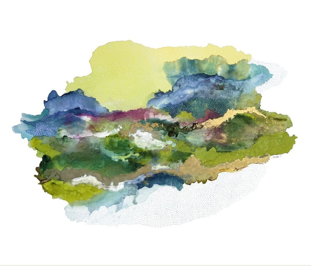 My Island Home, de l'artiste Nancy Létourneau, Tableau, Médium encre à l'alcool, sur toile galerie, dimension 40 x 48 pouces de largeur,