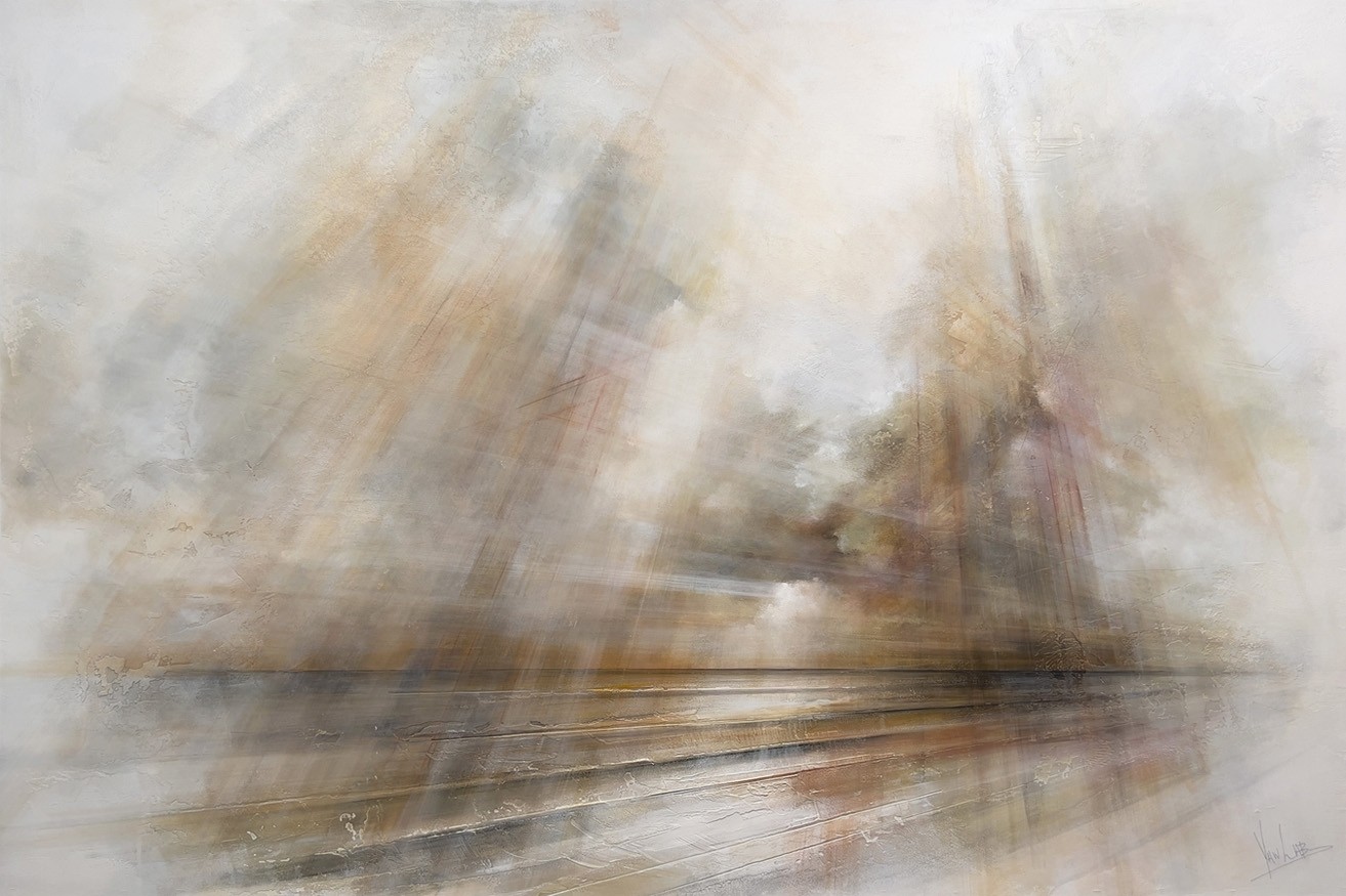 Horizon I, #0208, de l'artiste Yan Laboissonnière, Techniques mixtes sur bois, Création unique, Format de l'oeuvre : 40 x 60 pouces de largeur