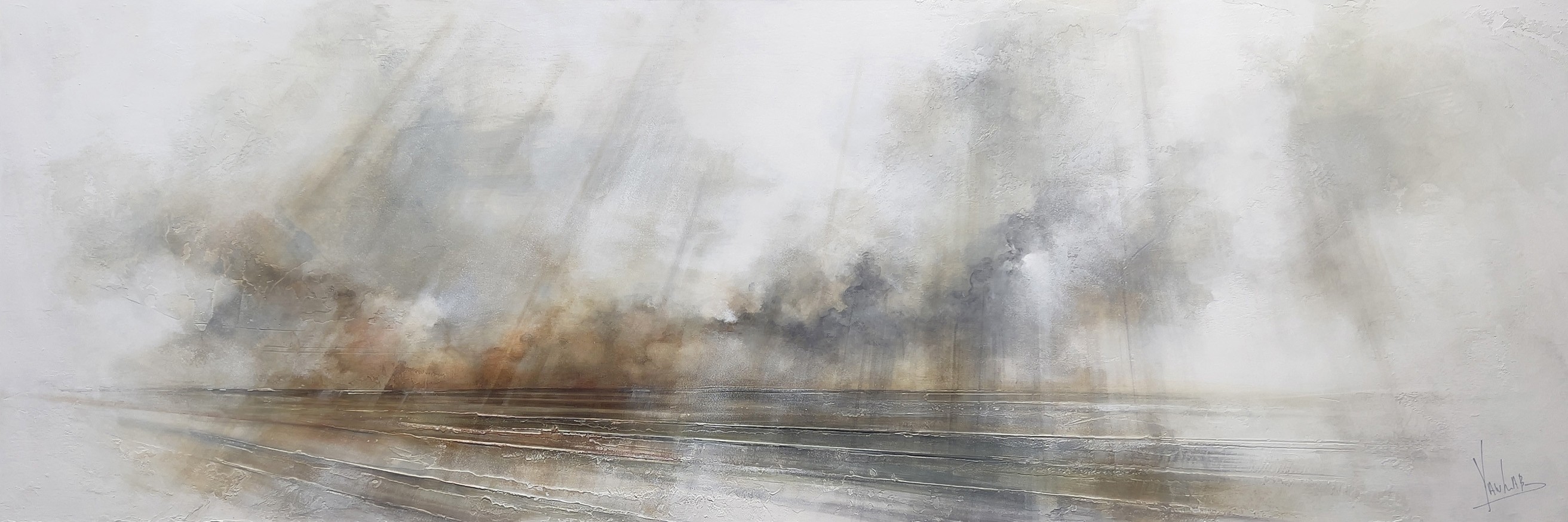 Horizon II, #0209, de l'artiste Yan Laboissonnière, Techniques mixtes sur bois, Création unique, Format de l'oeuvre : 20 x 60 pouces de largeur