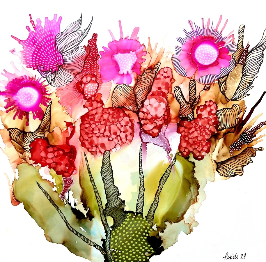 Nous sommes (t.encadré), de l'artiste Nancy Létourneau, Tableau, Médium encre à l'alcool, Marouflé sur bois, dimension 12 x 12 pouces de largeur, 