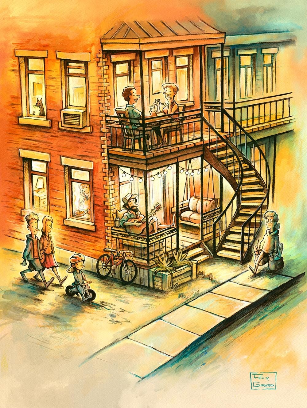 Carte de souhaits 7x5, Nuit d'été en ville, de l'artiste Félix Girard, dimension : 7 x 5 pouces largeur, sans texte, avec enveloppe, Vous pouvez inscrire votre message à l'intérieur, Carte vendue à l'unité