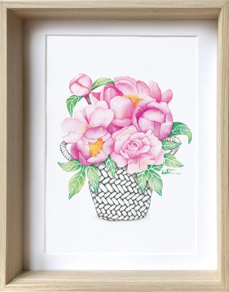 Affiche, -- Panier aux pivoines -- Affiche, -- Panier aux pivoines -- de l'artiste Katrinn Pelletier, Illustration, aquarelle, crayons de couleur, ..., dimension : 10 x 8 de largeur