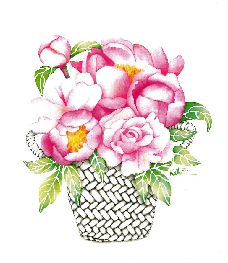 Affiche, Panier aux pivoines, de l'artiste Katrinn Pelletier, dimension : 10 x 8 po de largeur