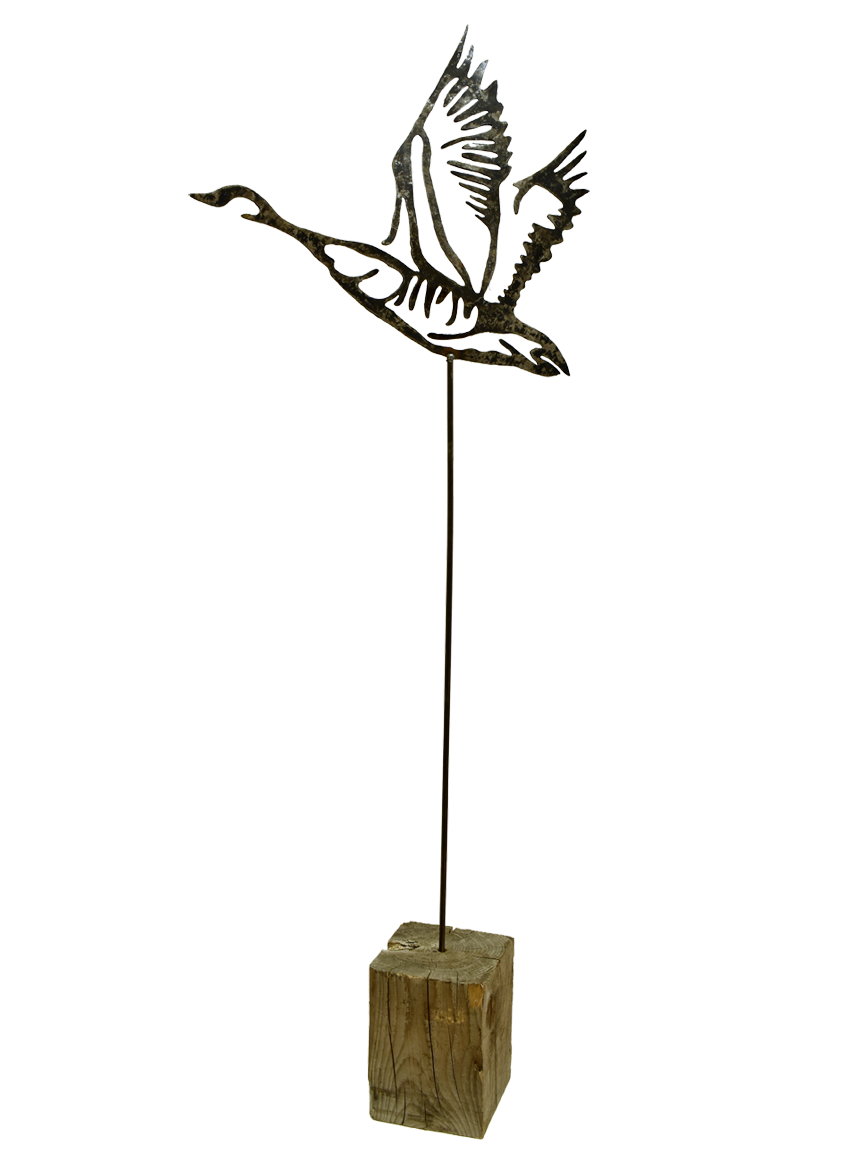 Partir pour le sud, o-31, de l'artiste Danny Perkins, Sculpture, métal et bois, Dimension : 68 x 24 x 7.75 po