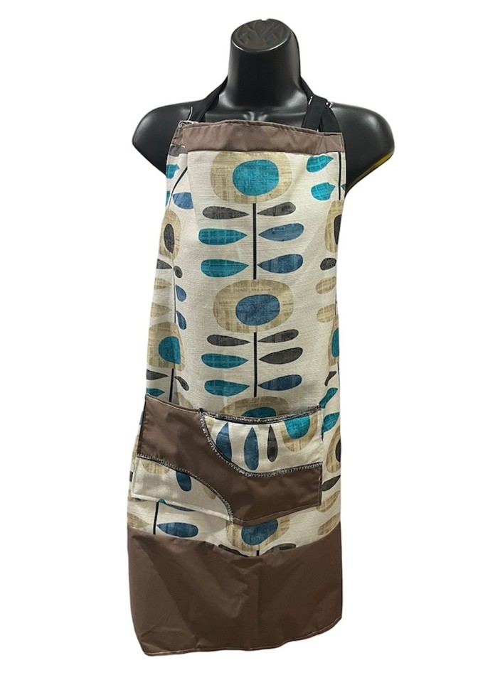 Tablier, no 4, couleurs brun, beige, bleu, de l'artiste Ginette Perkins, Matériaux, Tissus variés, dimension : pour adulte