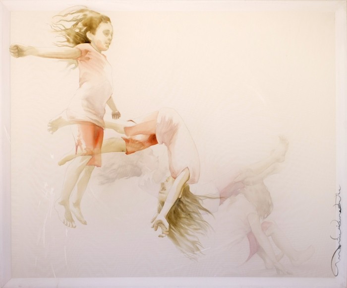 La pirouette, de l'artiste Marie-Pierre Lortie, Oeuvre sur soie, encre, double voile sur cadre, Création unique,dimension 30 x 36 pouces de largeur
