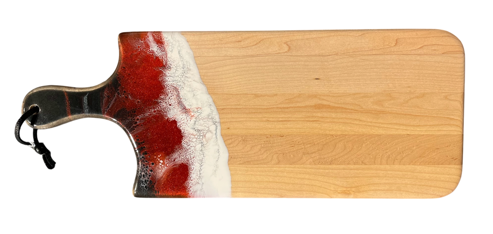 Planche à découper, petite, no 23, Noir / Rouge / Blanc, de l'artiste Julie Marcotte, Matériaux, Érable, résine alimentaire et huile de pépin de raisin, dimension : 3/4 x 7 x 18 pouces