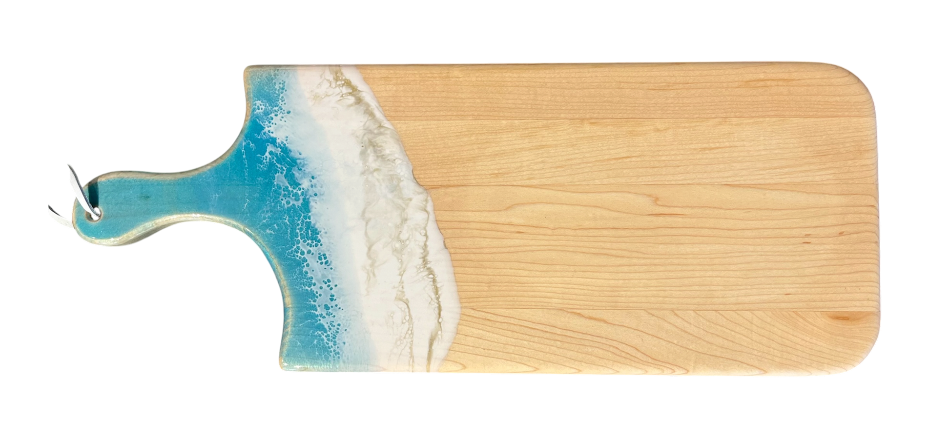 Planche à découper, petite, no 24, Turquoise / et blanc, de l'artiste Julie Marcotte, Matériaux, Érable, résine alimentaire et huile de pépin de raisin, dimension : 3/4 x 7 x 18 pouces