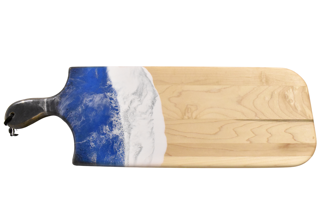 Planche à découper, moyenne, no 33, Bleu royal / noir et blanc, de l'artiste Julie Marcotte, Matériaux, Érable, résine alimentaire et huile de pépin de raisin, dimension : 3/4 x 8 x 24 pouces