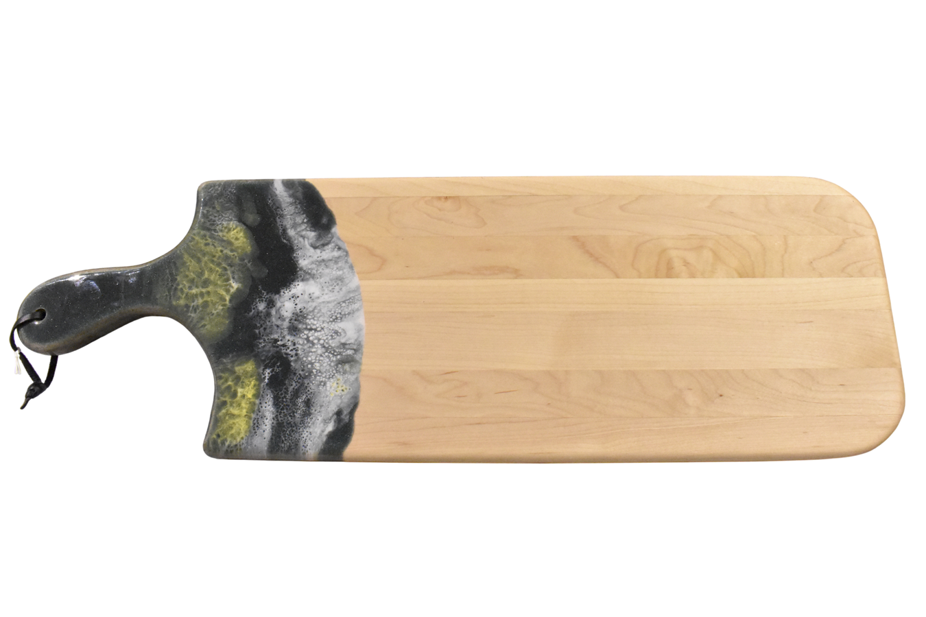 Planche à découper, moyenne, no 3, Vert foncé / noir, jaune et blanc, de l'artiste Julie Marcotte, Matériaux, Érable, résine alimentaire et huile de pépin de raisin, dimension : 3/4 x 8 x 24 pouces