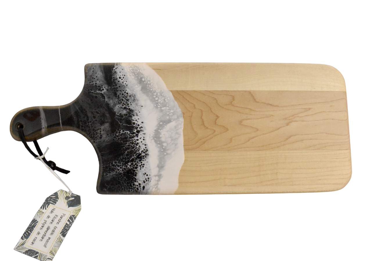 Planche à découper, petite, no 11, Noir / argent et blanc, de l'artiste Julie Marcotte, Matériaux, Érable, résine alimentaire et huile de pépin de raisin, dimension : 3/4 x 7 x 18 pouces