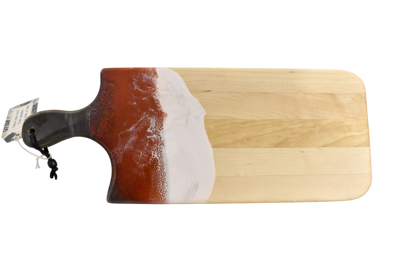 Planche à découper, petite, no 22, Rouge brique / noir et blanc, de l'artiste Julie Marcotte, Matériaux, Érable, résine alimentaire et huile de pépin de raisin, dimension : 3/4 x 7 x 18 pouces